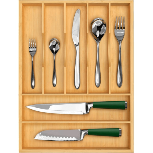 Bamboo Kitchen Drawer Organizer Tray for Flatware - Best Cutlery Tray for Silverware and Kitchen Utensils (7 Slots, Natural) Bamboo Kitchen Drawer Organizer Tray for Flatware - Best Cutlery Tray for Silverware and Kitchen Utensils (7 Slots, Natural)